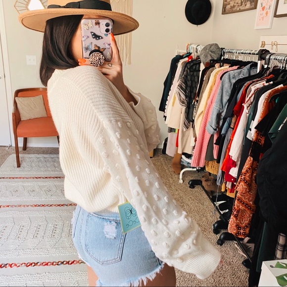 Sold CeCe Ivory Pom Sleeve Sweater - Picture 2 of 8